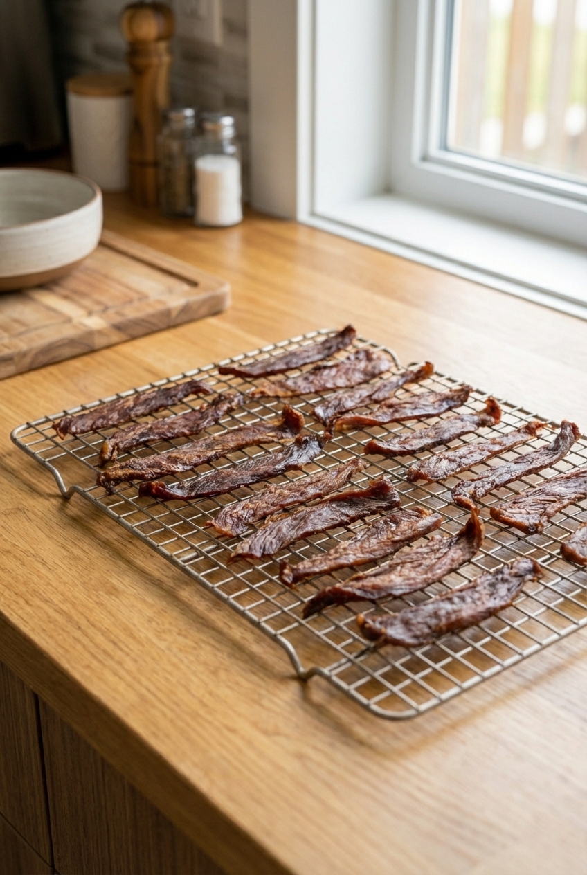 Thin homemade chicken jerky strips arranged on a cooling rack in a bright kitchen