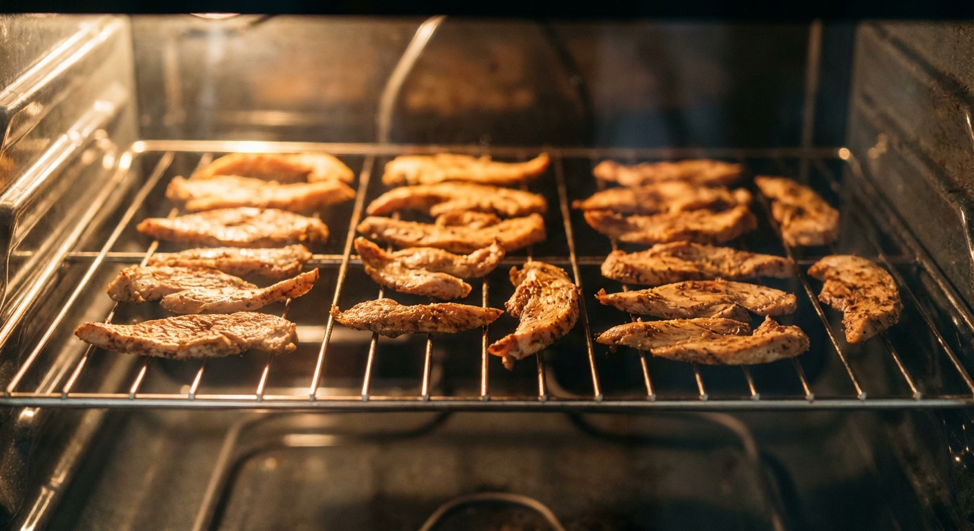 Thin slices of chicken slowly drying on a wire rack in an oven