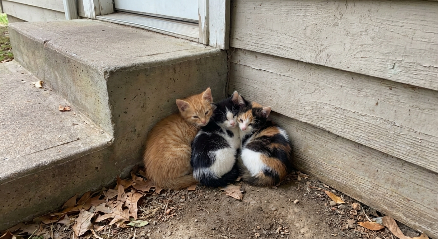 Three small kittens huddled together in a sheltered corner near a porch step
