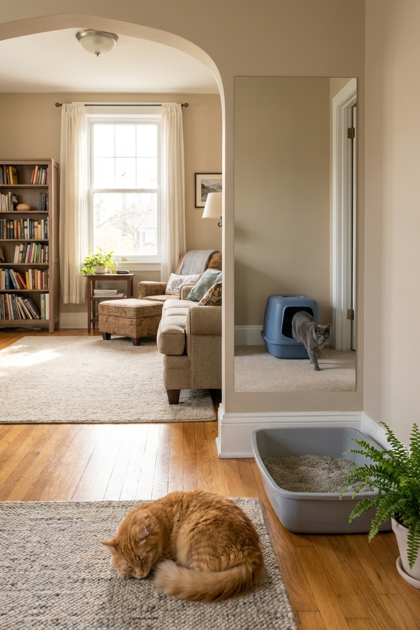 Two adult cats in a calm home environment with two litter boxes placed in separate rooms, natural indoor lighting, realistic photo