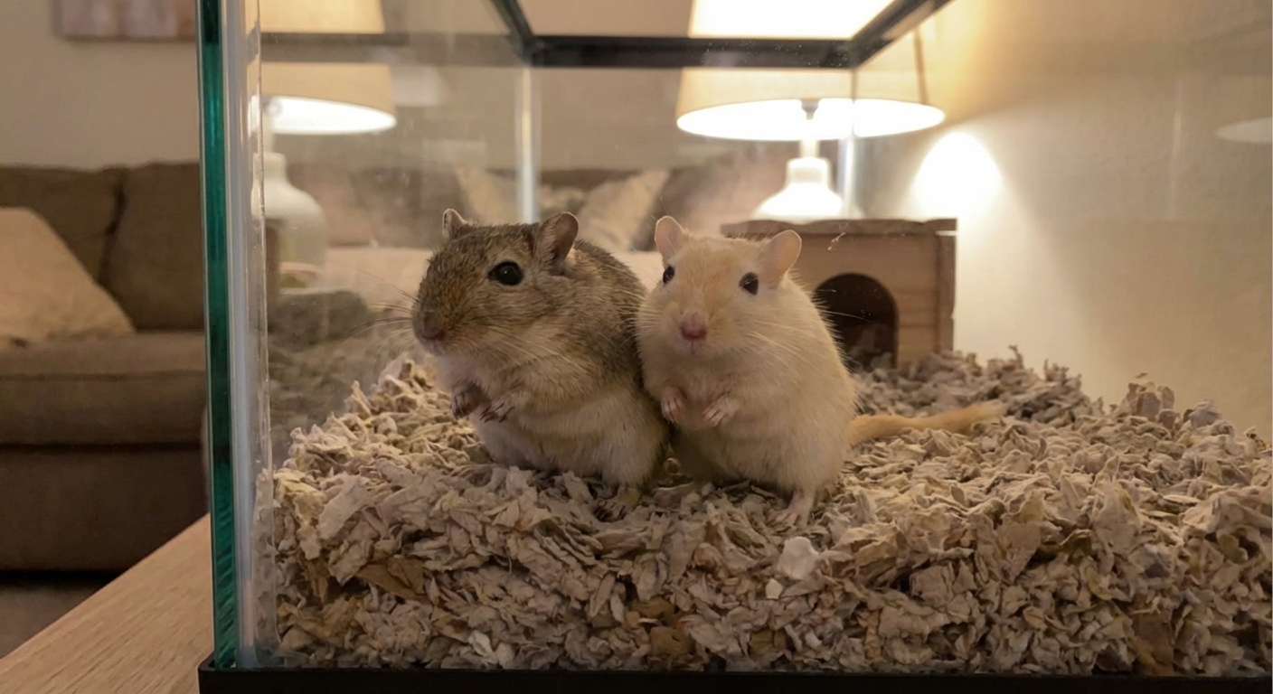 Two bonded pet gerbils sitting side by side on paper bedding inside a glass tank, relaxed posture, warm indoor lighting, photorealistic