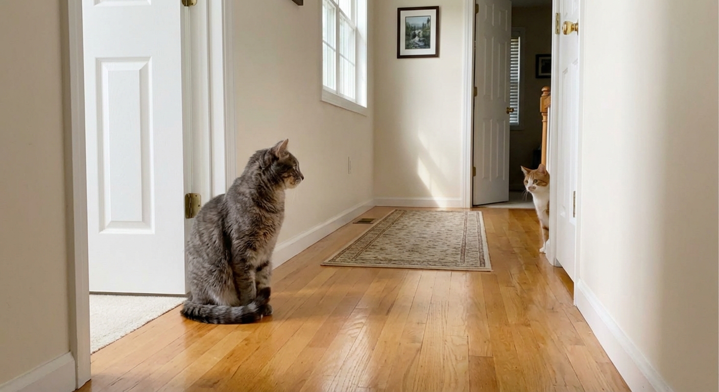 Two cats in a hallway with one cat watching the other near a doorway