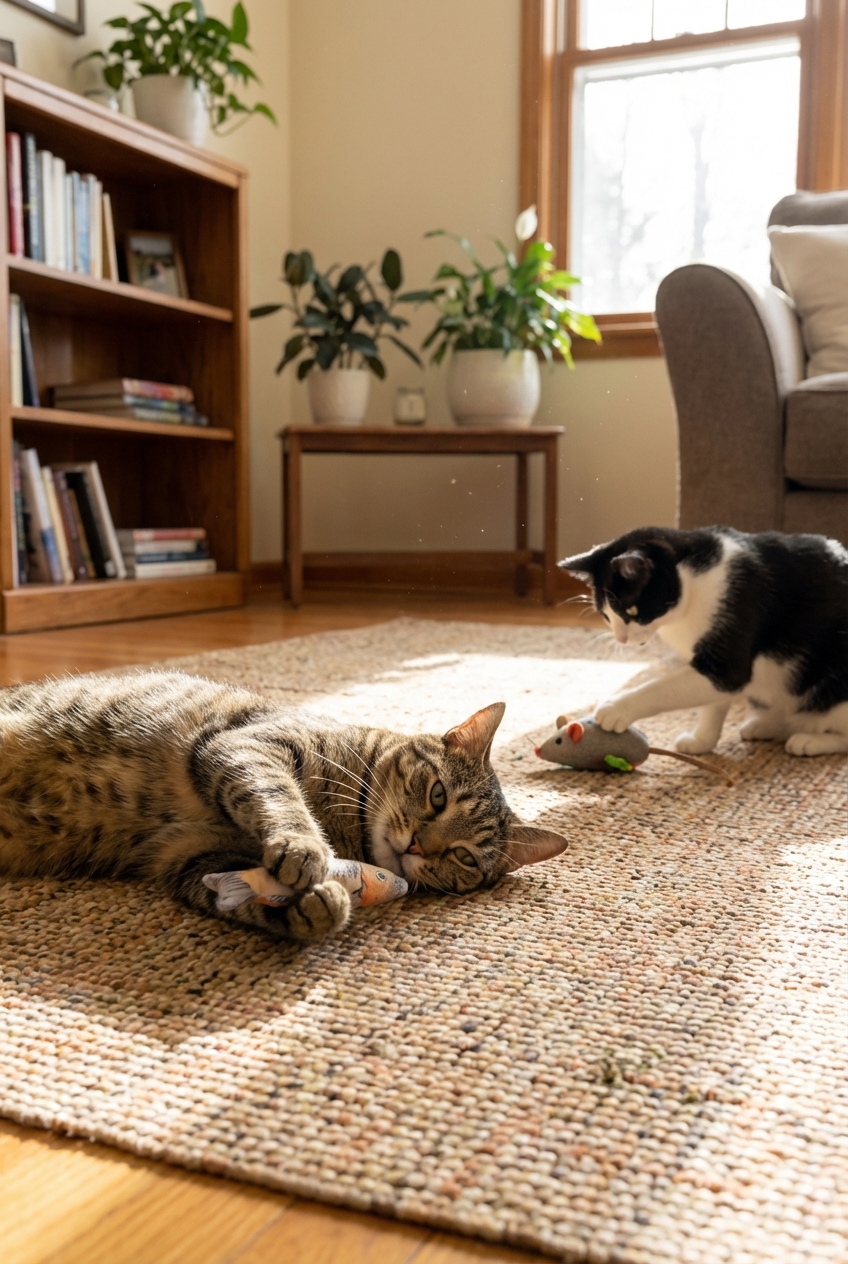 Two cats in a home environment playing with separate catnip toys at a distance from each other