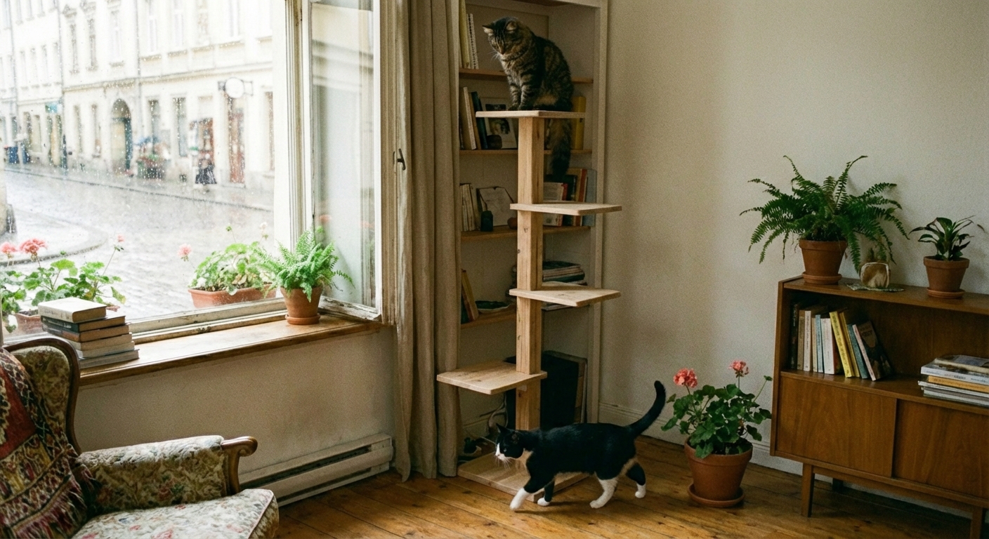 Two cats in a home, one sitting on a high cat tree while another walks below
