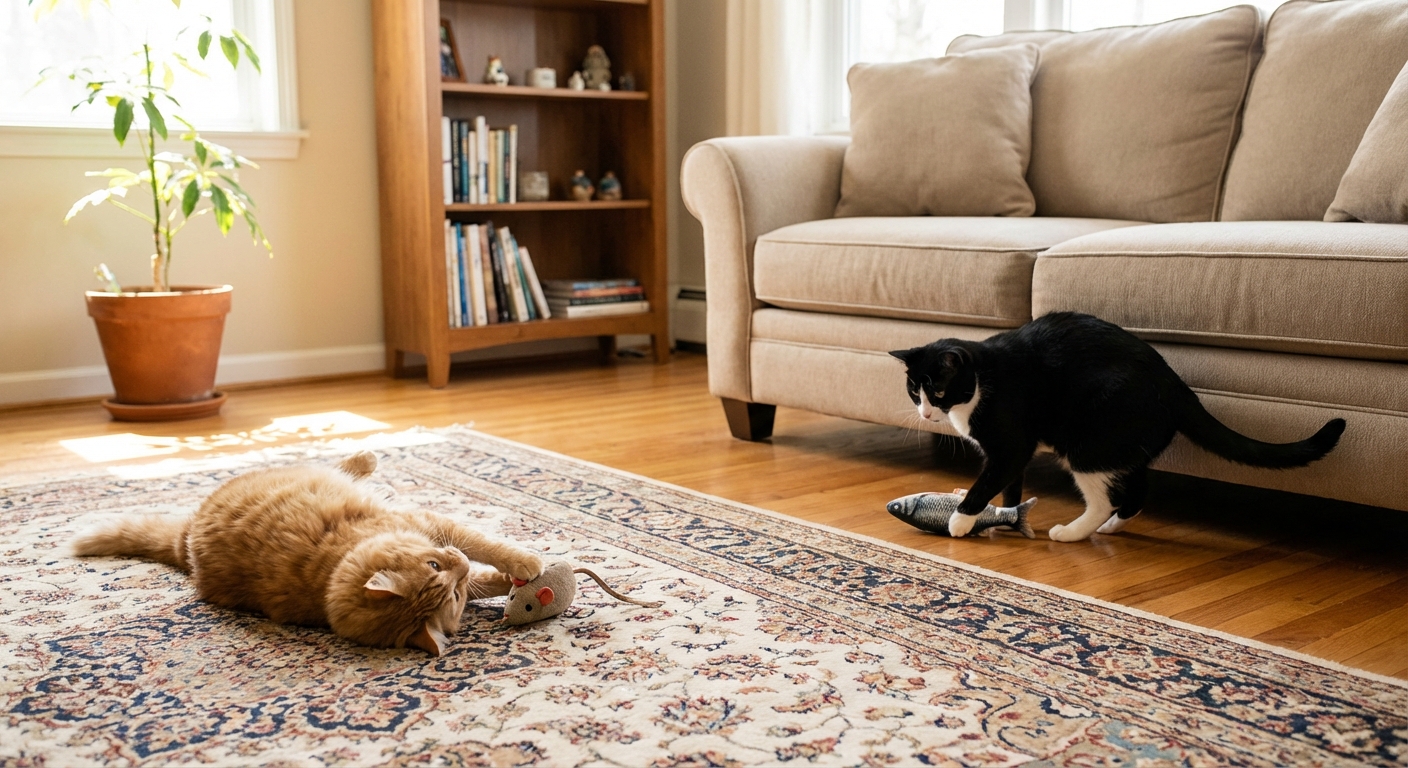 Two cats in a living room playing separately with catnip toys placed several feet apart