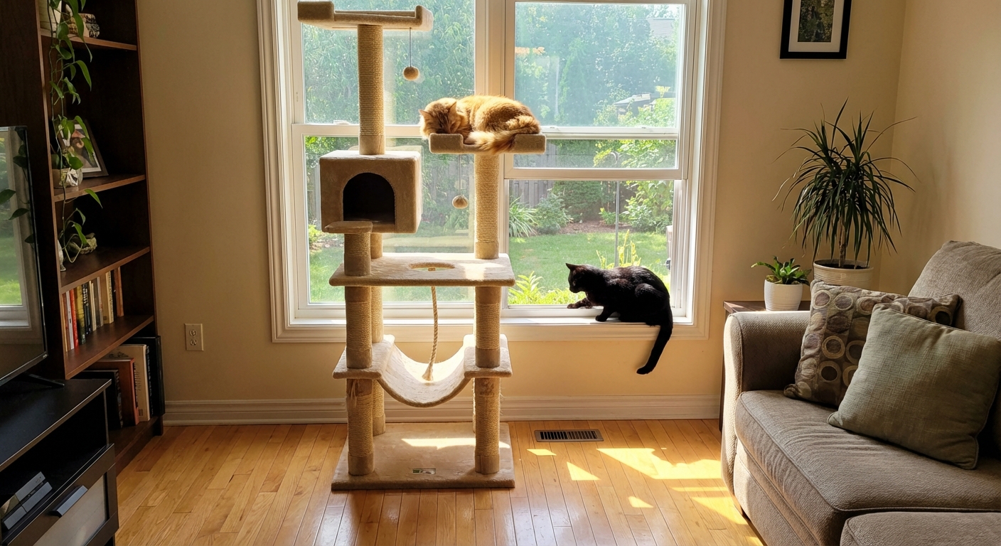 Two cats in a living room with a cat tree near a sunny window