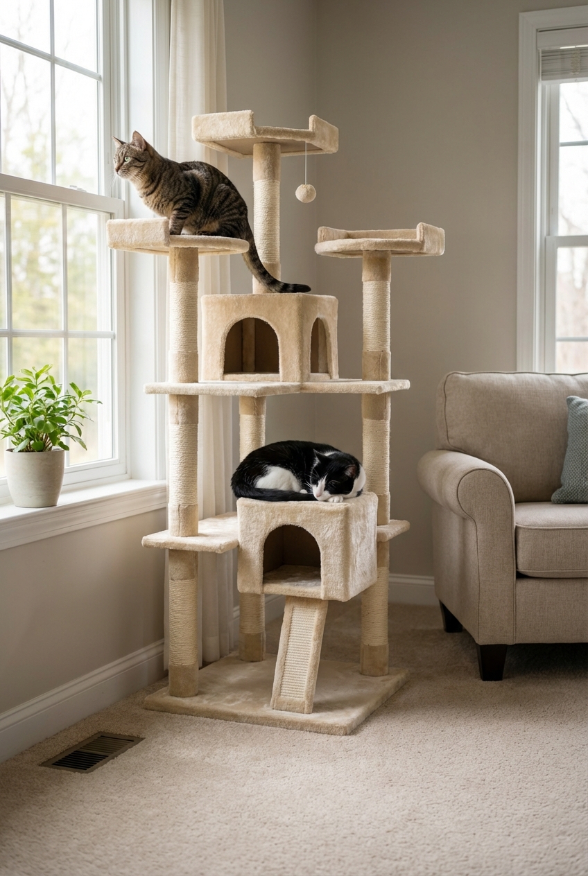Two cats in a living room with a tall cat tree near a window