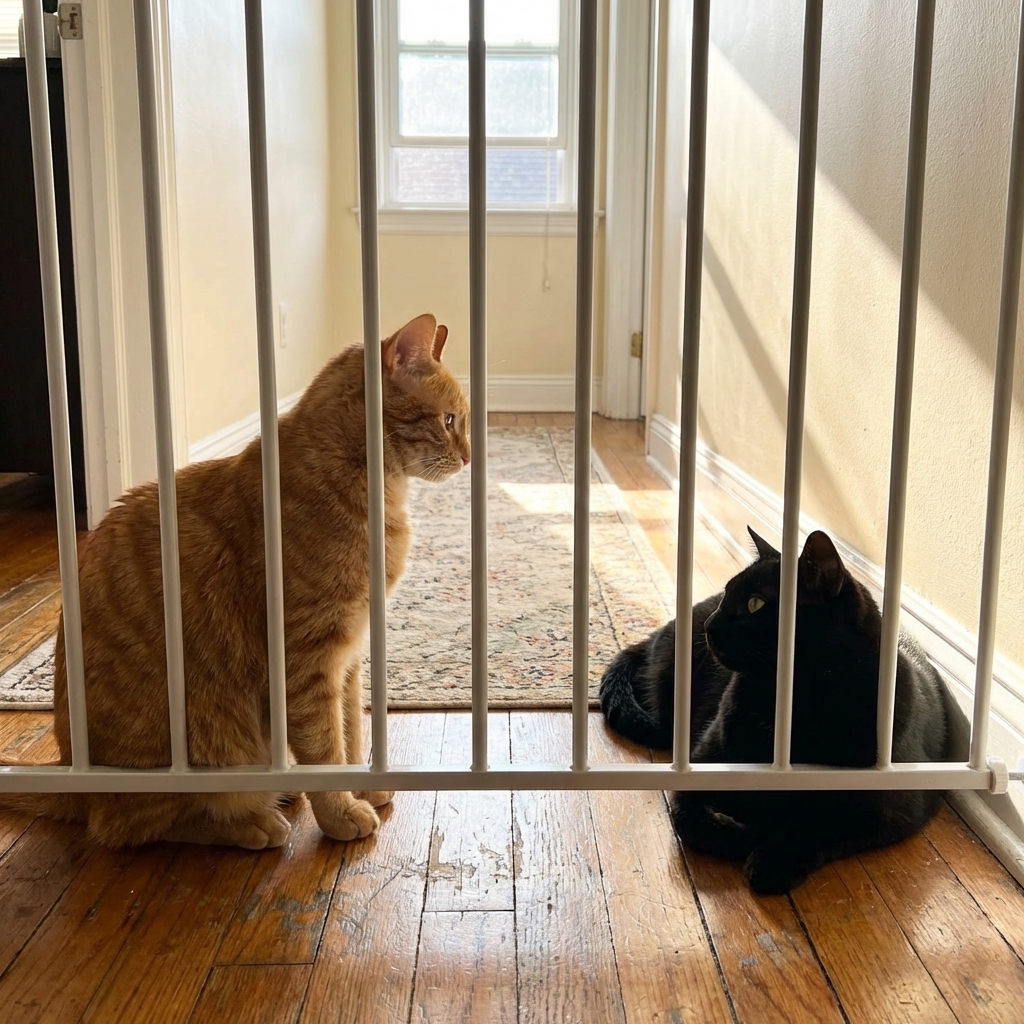 Two cats looking at each other through a baby gate in a hallway while staying relaxed