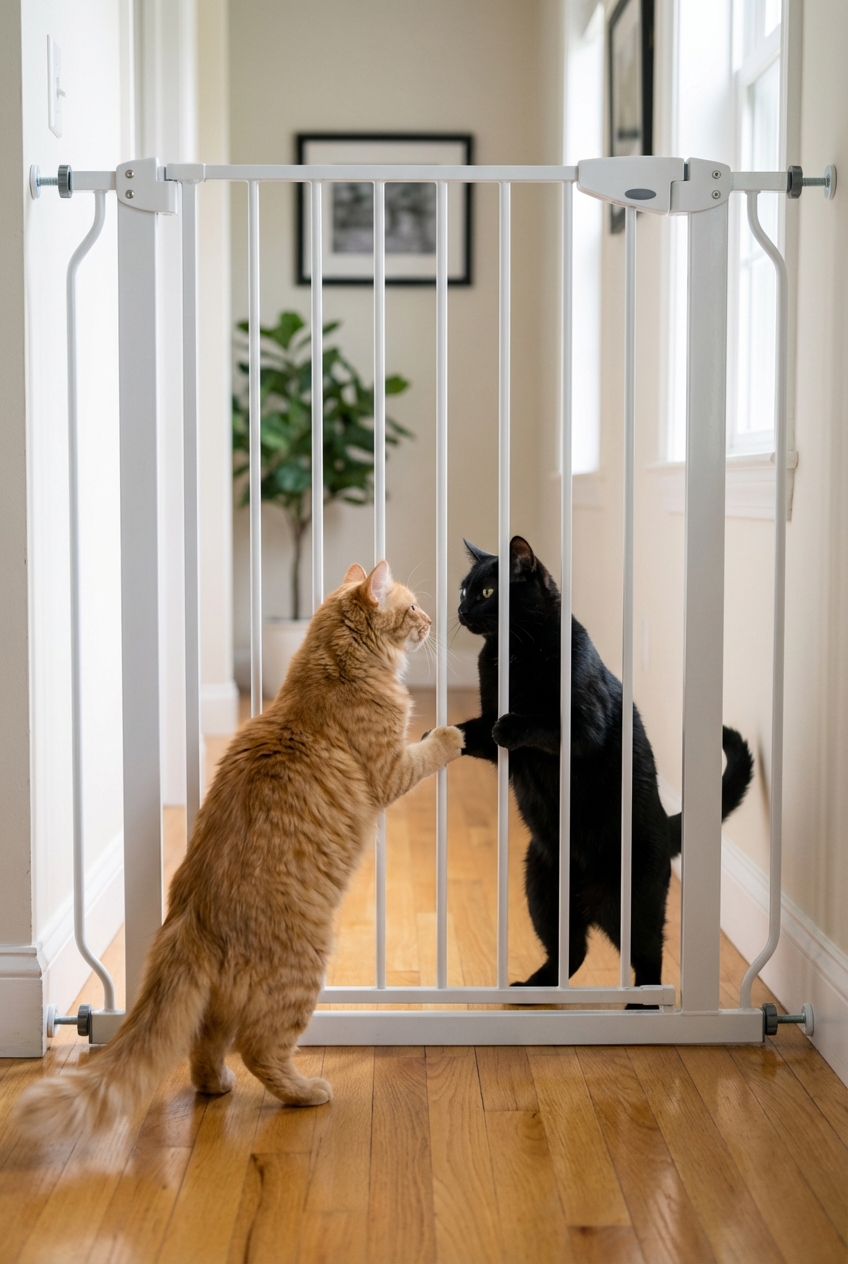 Two cats looking at each other through a tall baby gate in a home hallway