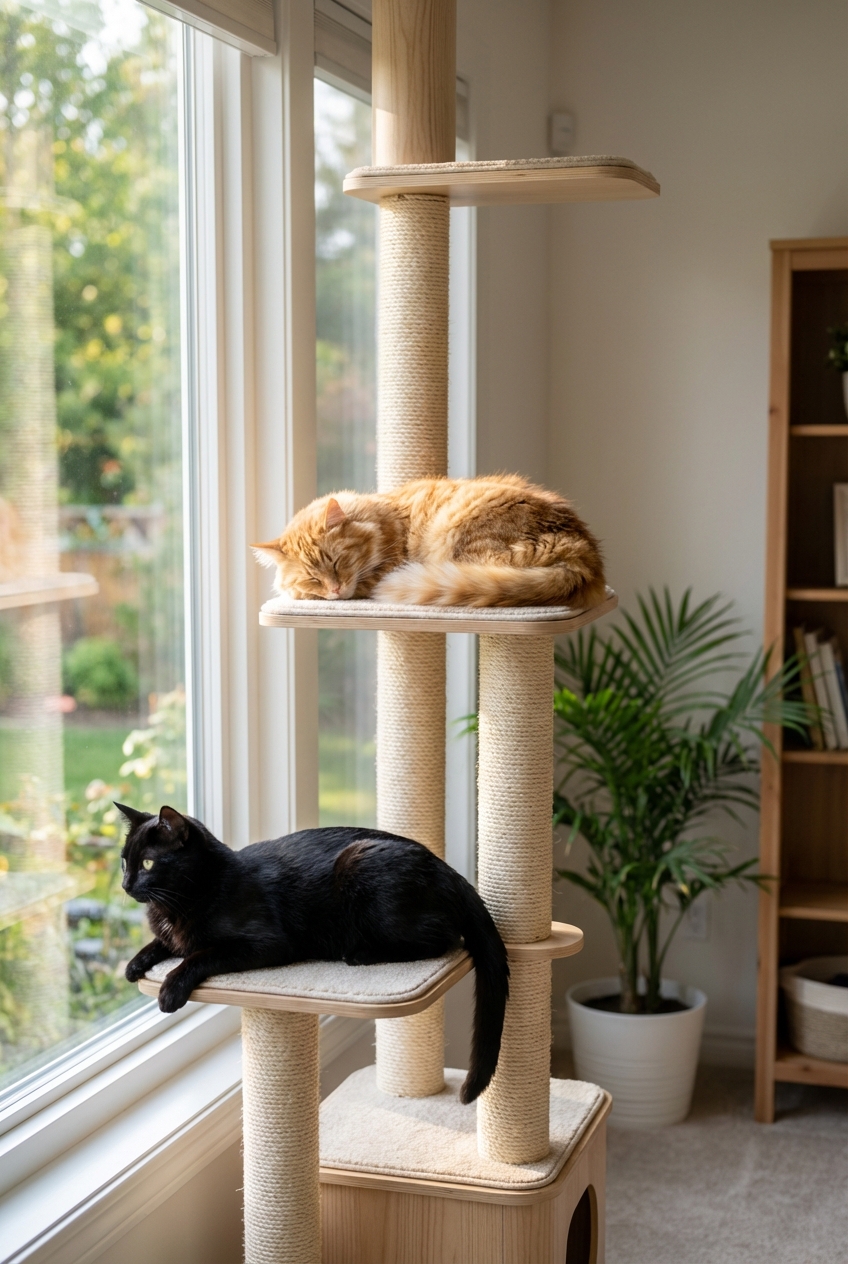 Two cats resting separately on different levels of a tall cat tree near a window
