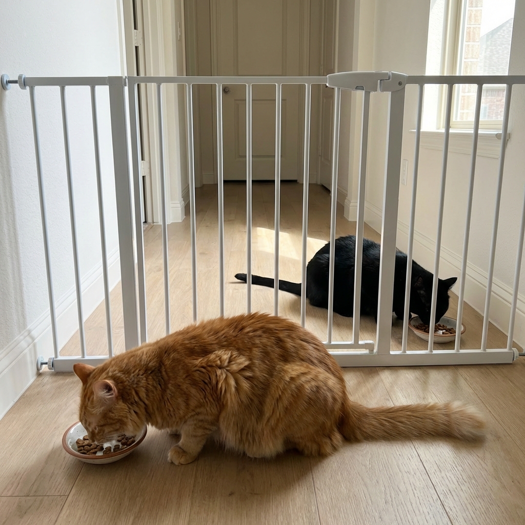 Two cats separated by a baby gate while calmly eating treats several feet apart