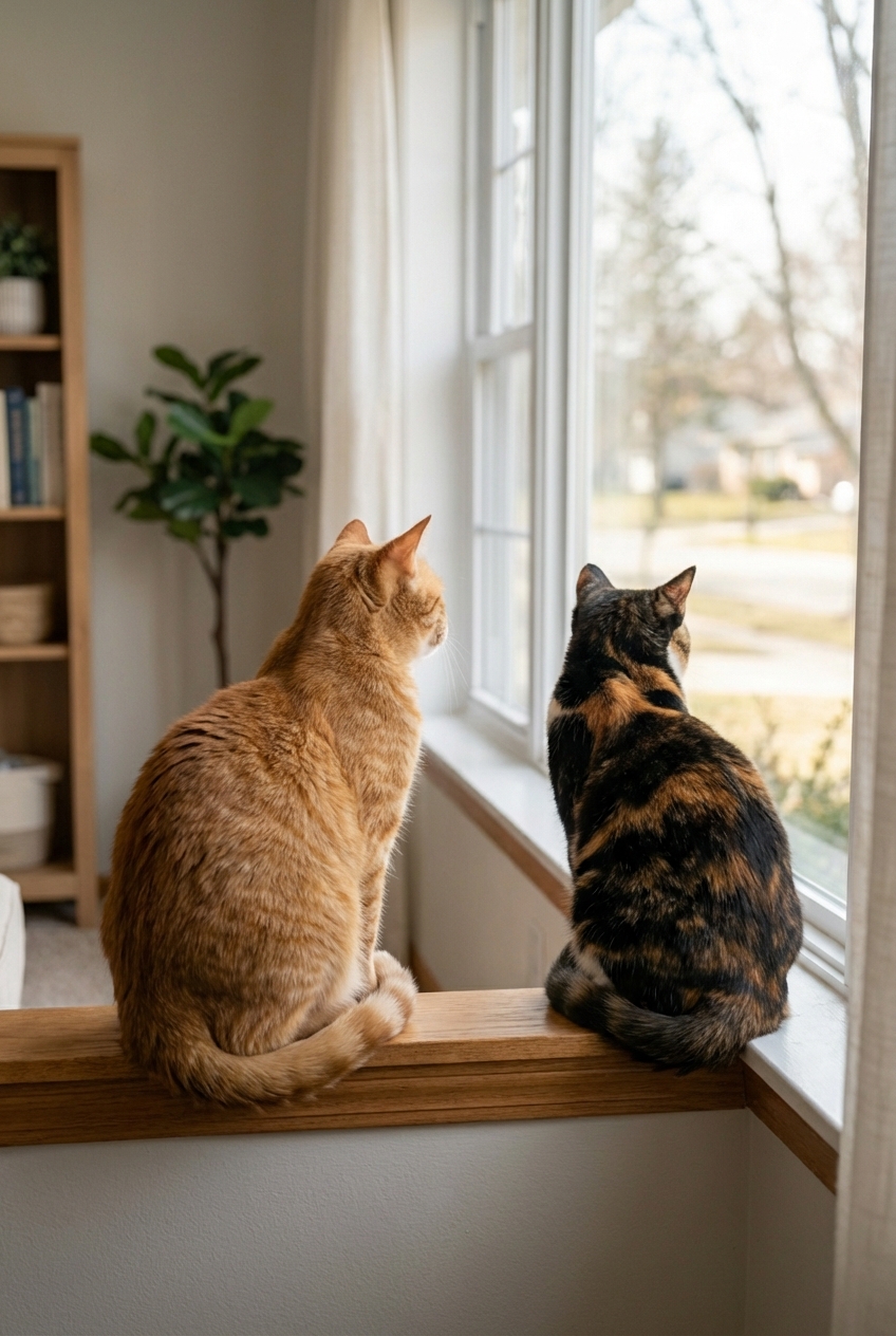Two cats sitting a few feet apart near a window, calmly watching outside without interacting