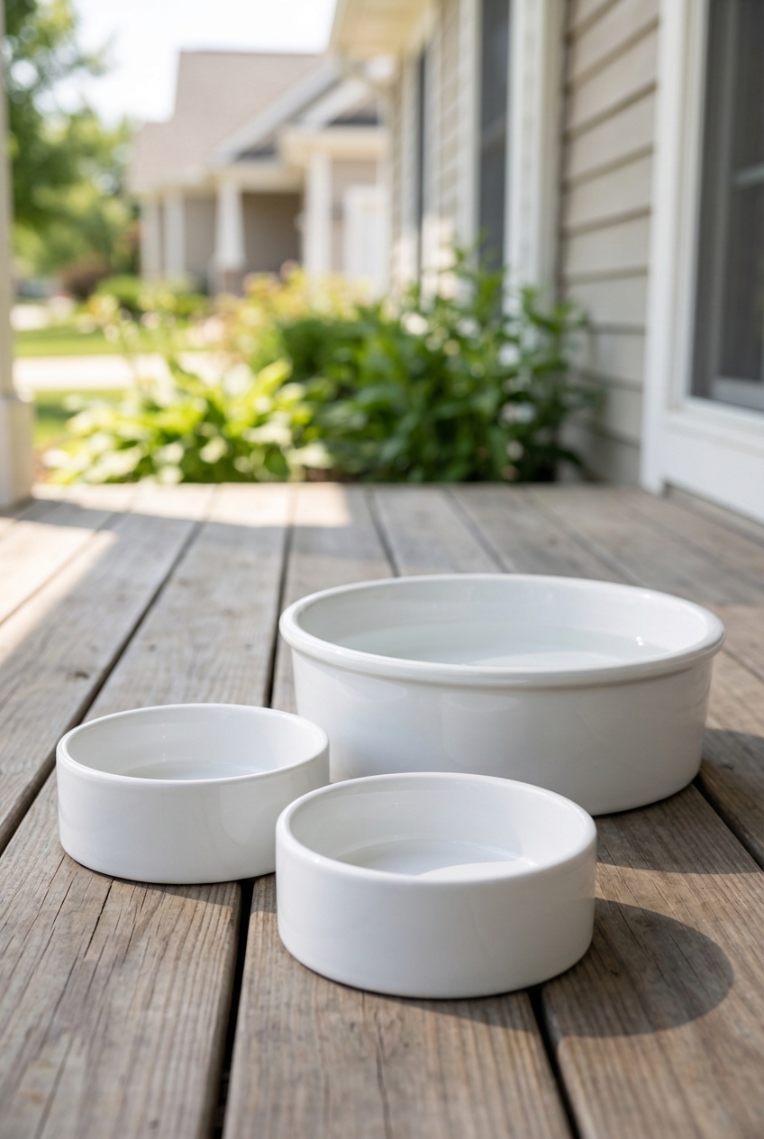 Two clean feeding bowls next to a water dish on a porch in daylight