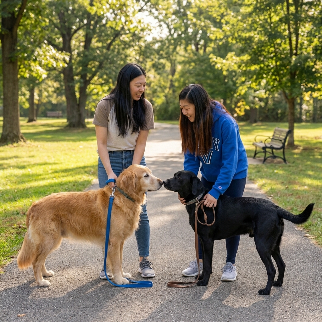 Two dogs meeting calmly on leashes in a quiet park