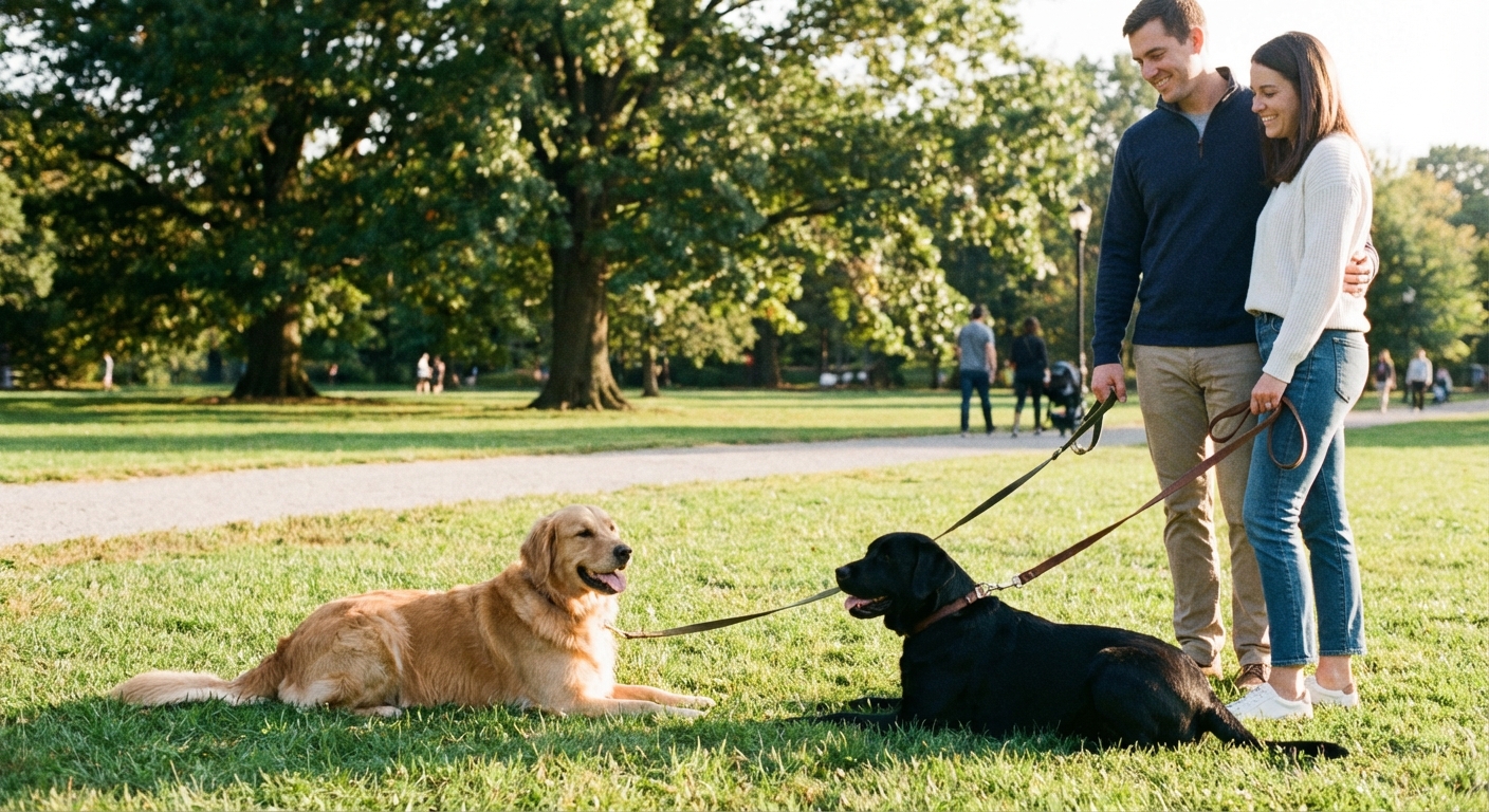 Two dogs on leashes taking a calm break in a park while their owners stand nearby