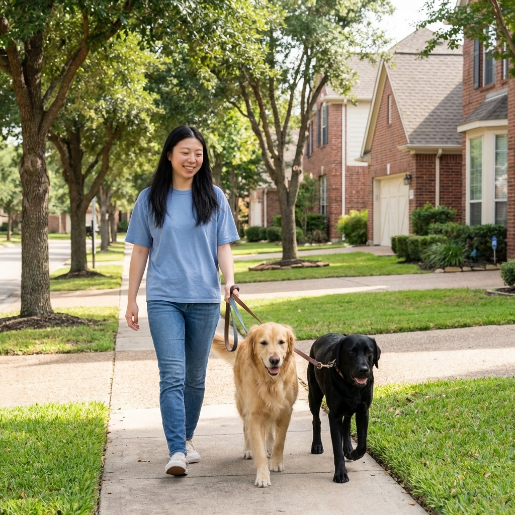 Two dogs on leashes walking calmly with an owner on a quiet neighborhood sidewalk