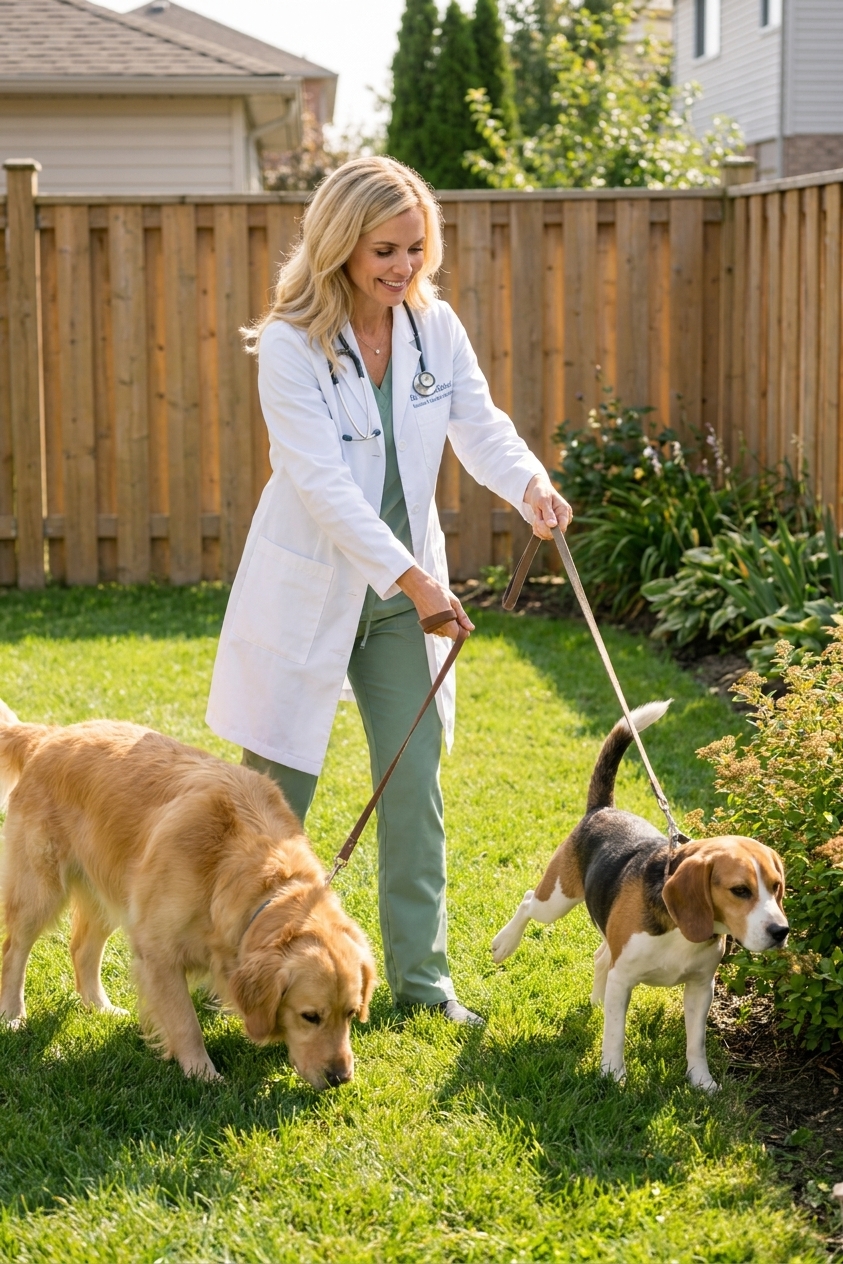 Two dogs on separate leashes in a backyard with an owner managing distance between them during a potty break, real photo
