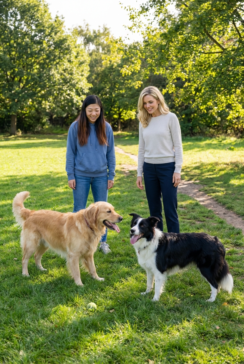Two dogs pausing during play while their owners stand nearby paying close attention