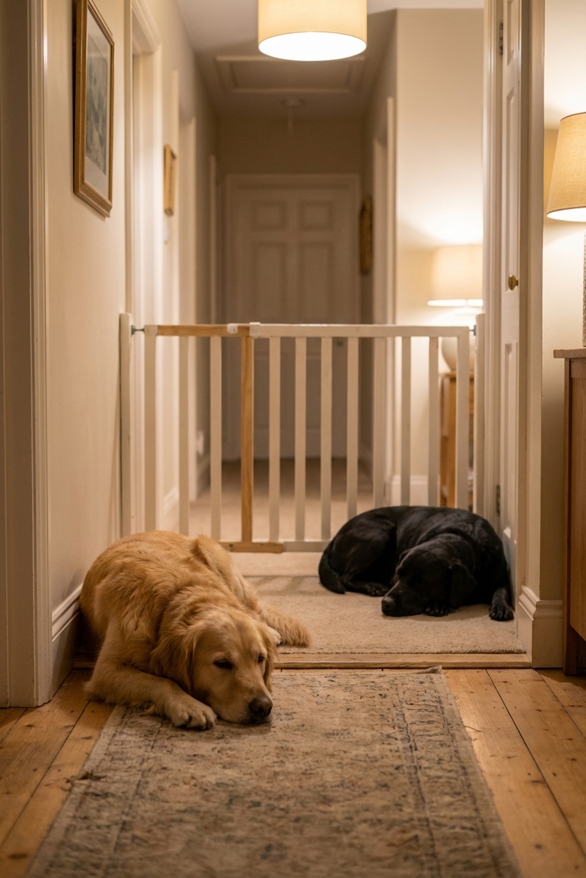 Two dogs resting calmly on opposite sides of a baby gate inside a home hallway, both relaxed and lying down, soft indoor lighting, photorealistic