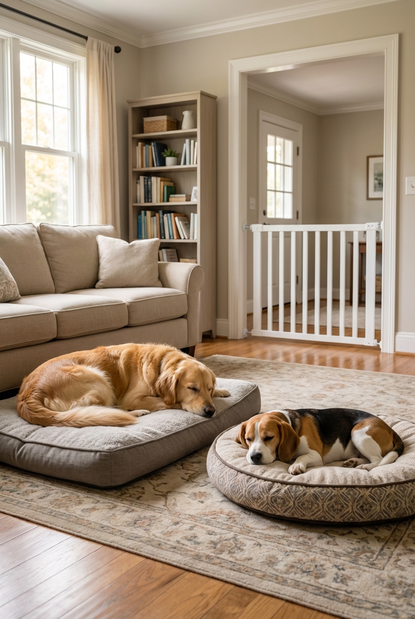 Two dogs resting calmly on separate dog beds in a living room with a baby gate visible in the doorway