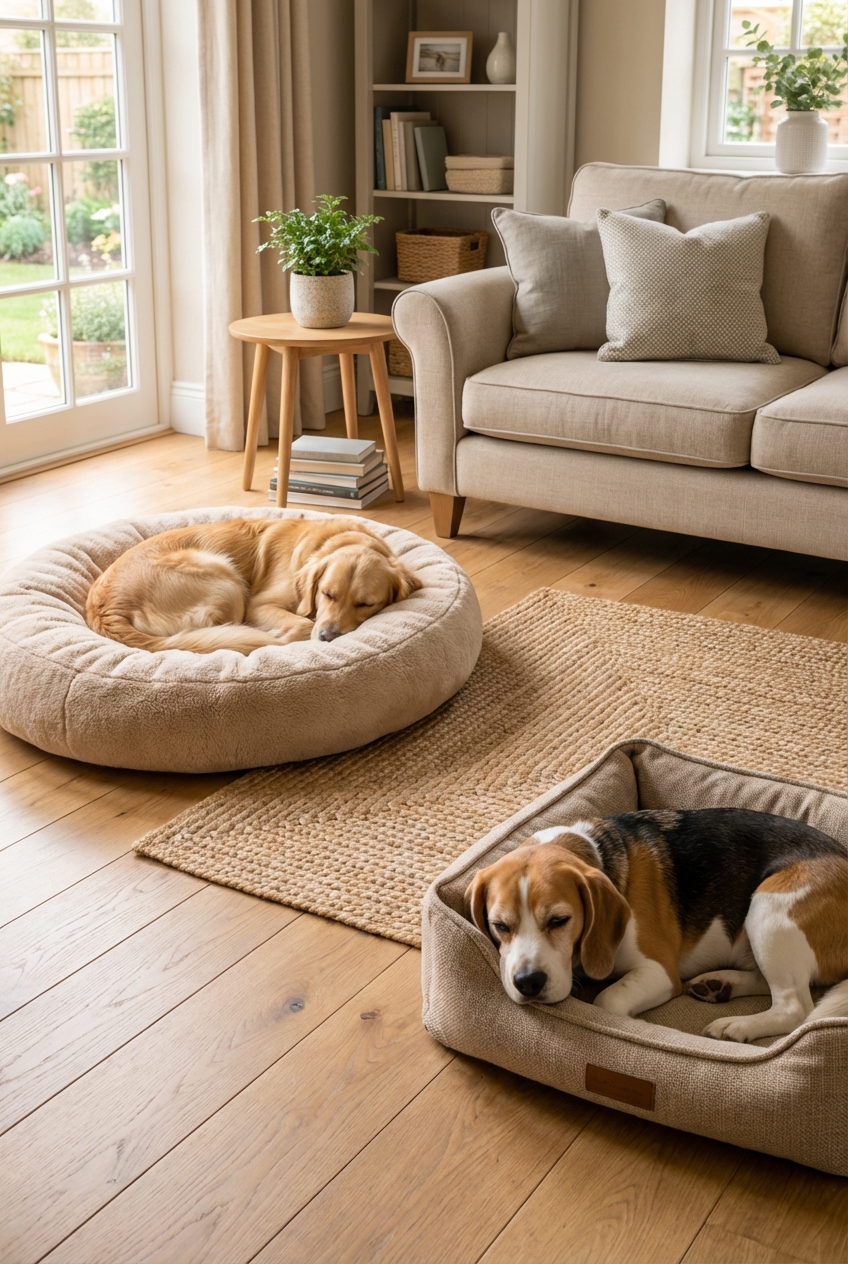 Two dogs resting in separate beds in the same living room with space between them