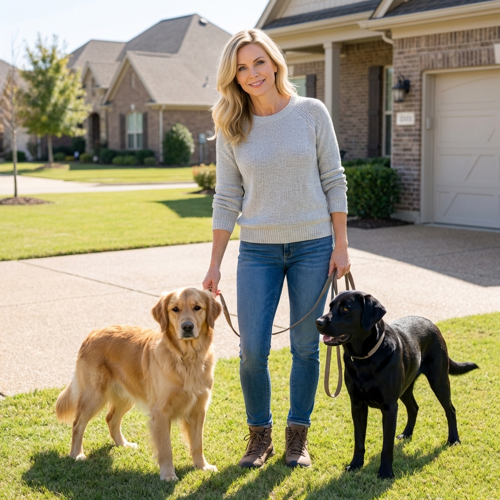 Two dogs standing calmly outdoors with an owner nearby keeping the area quiet and clear
