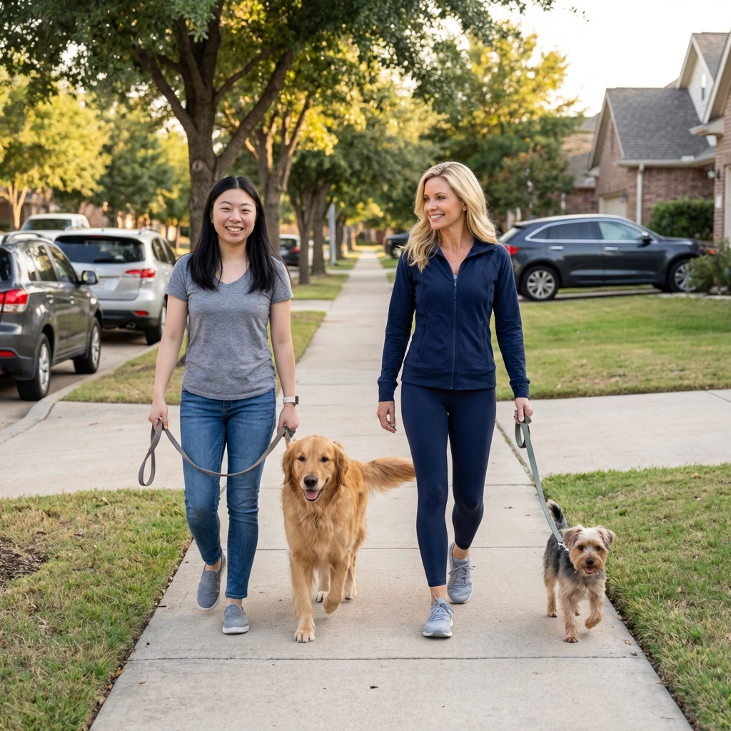 Two dogs walking side by side on a quiet sidewalk with handlers keeping the leashes loose