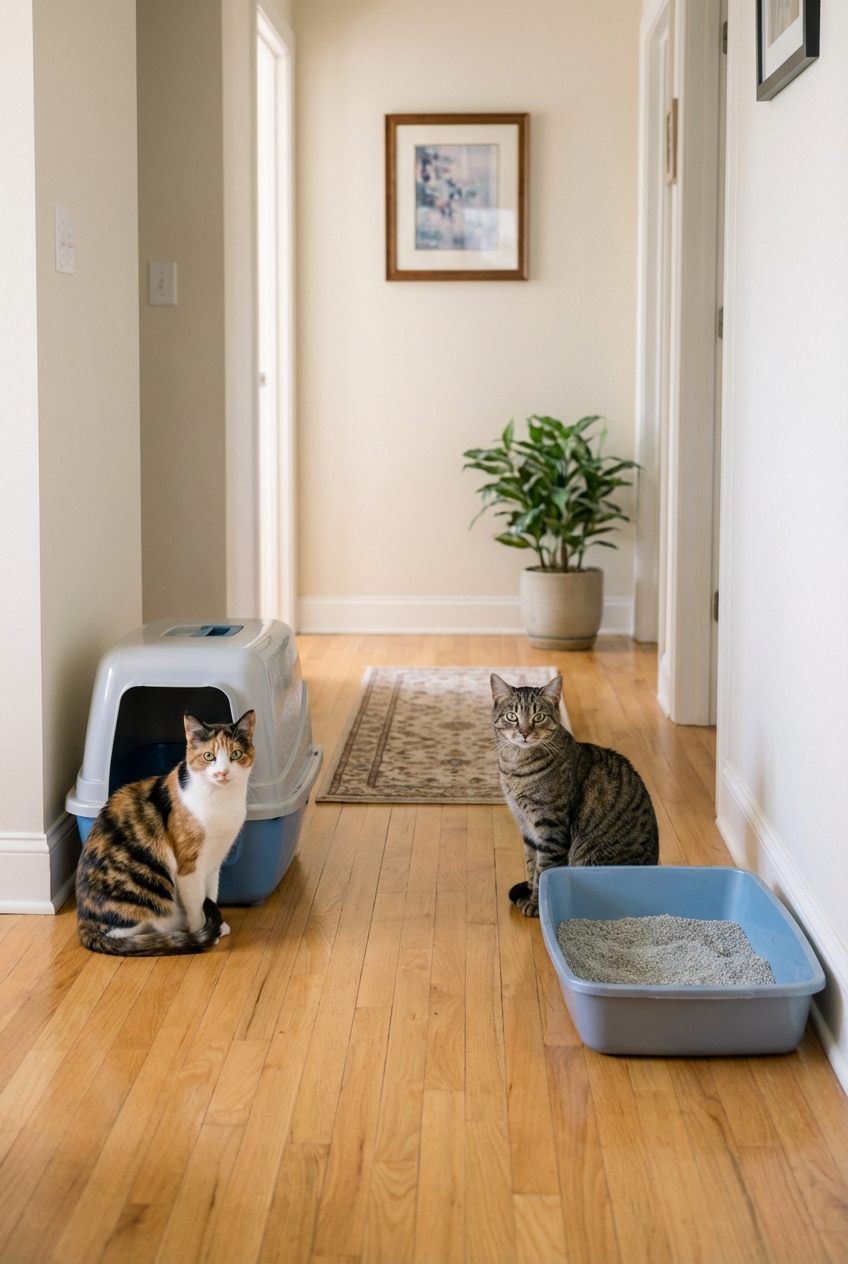 Two domestic cats sitting in a home hallway near separate litter boxes placed a few feet apart