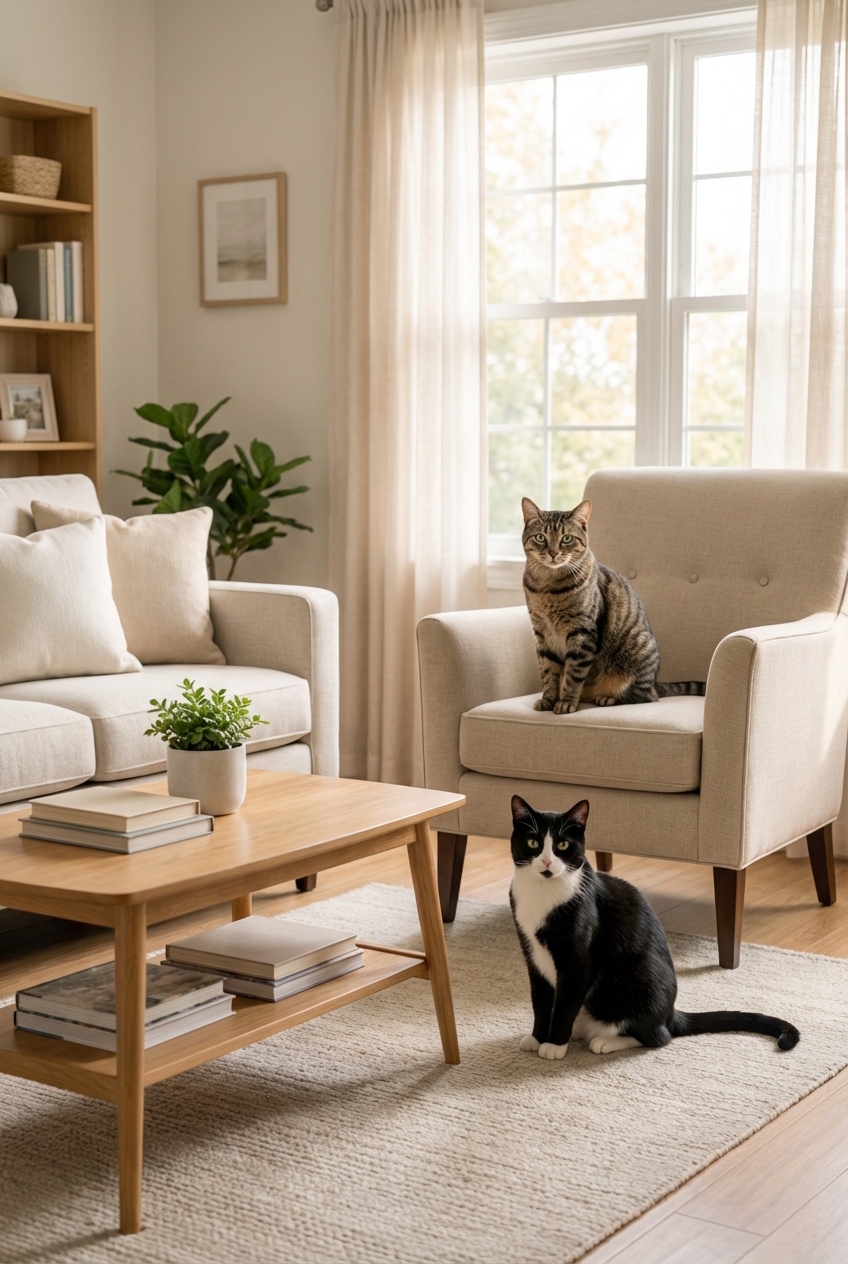 Two domestic cats sitting in the same living room with space between them
