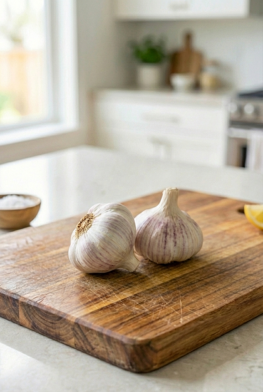 Two fresh garlic bulbs on a wooden cutting board