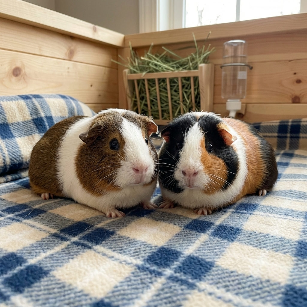 Two guinea pigs sitting side by side on a soft fleece blanket inside a roomy enclosure, calm posture, photorealistic