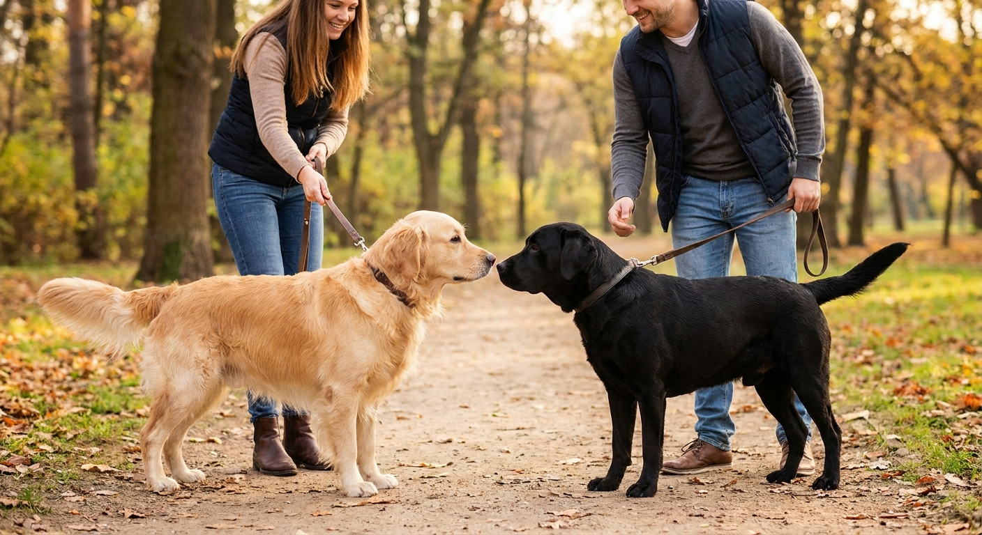 Two healthy adult dogs meeting calmly on leash outdoors with their owners holding the leashes