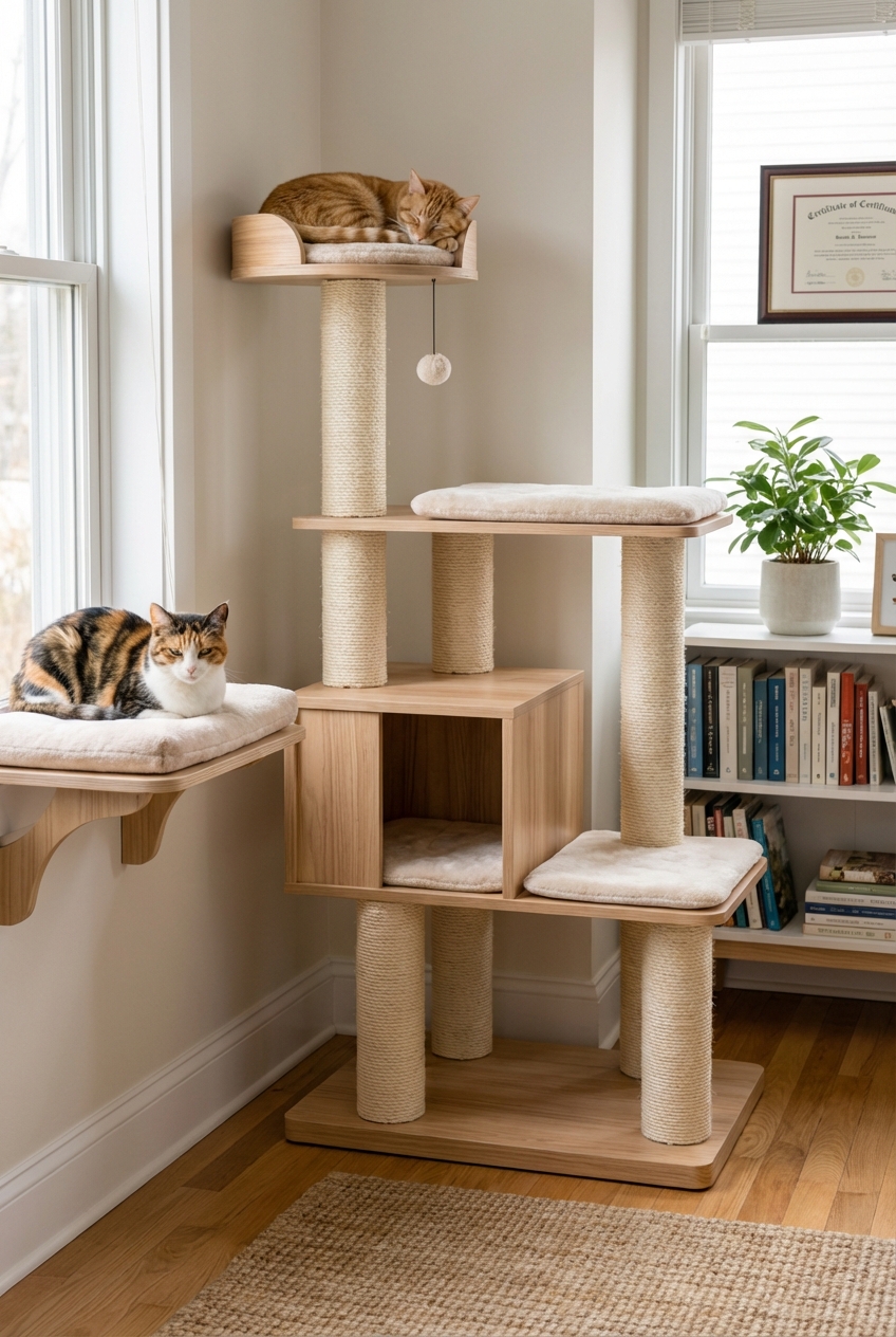 Two indoor cats in the same room with separate resting spots and a cat tree