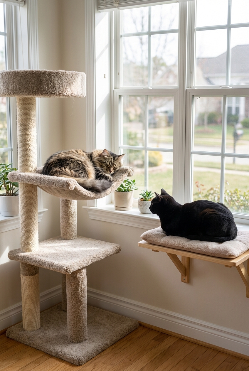 Two indoor cats resting on separate perches near a window with space between them