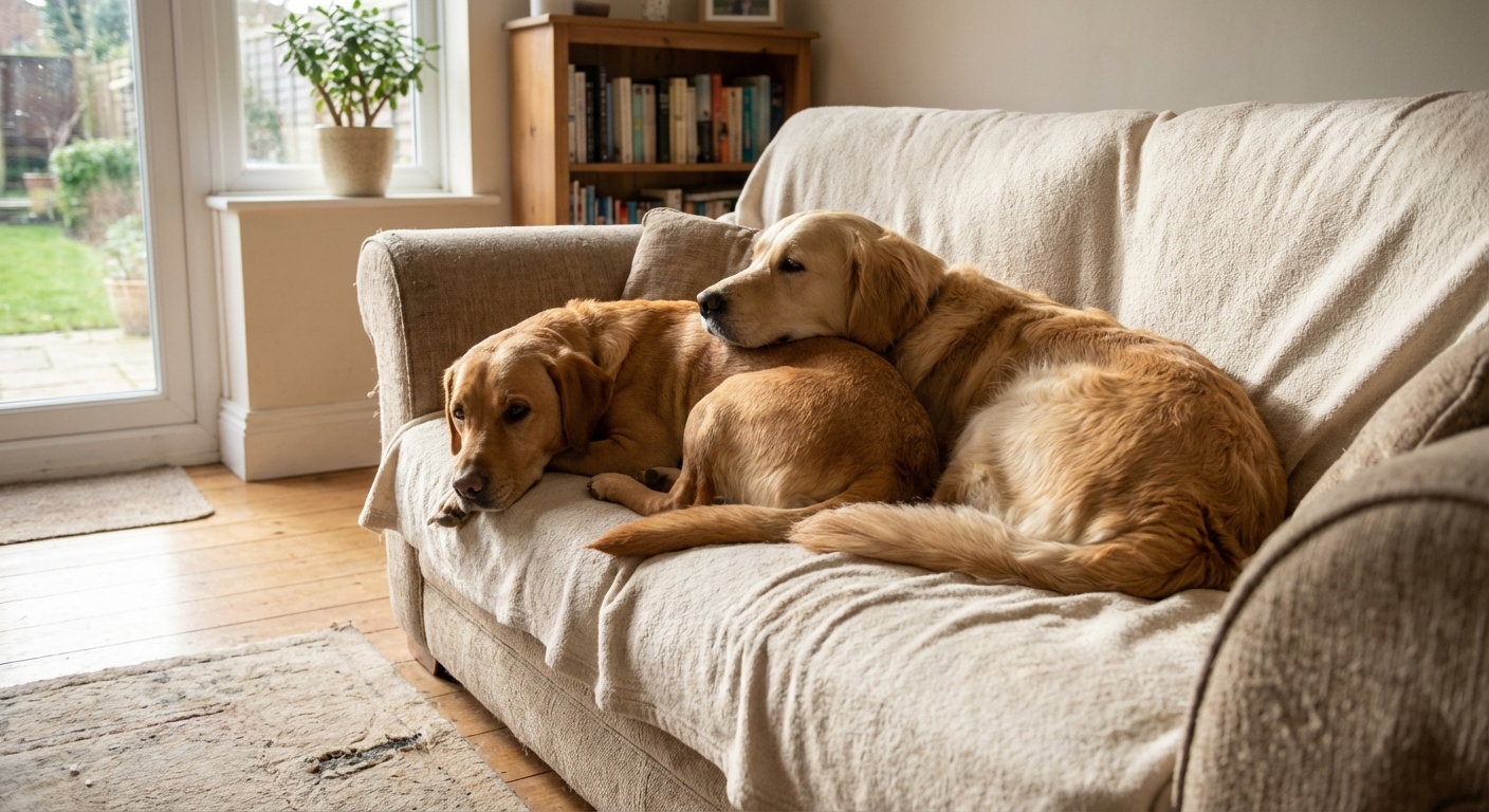 Two medium-sized dogs relaxing together on a living room couch in natural window light, realistic photography