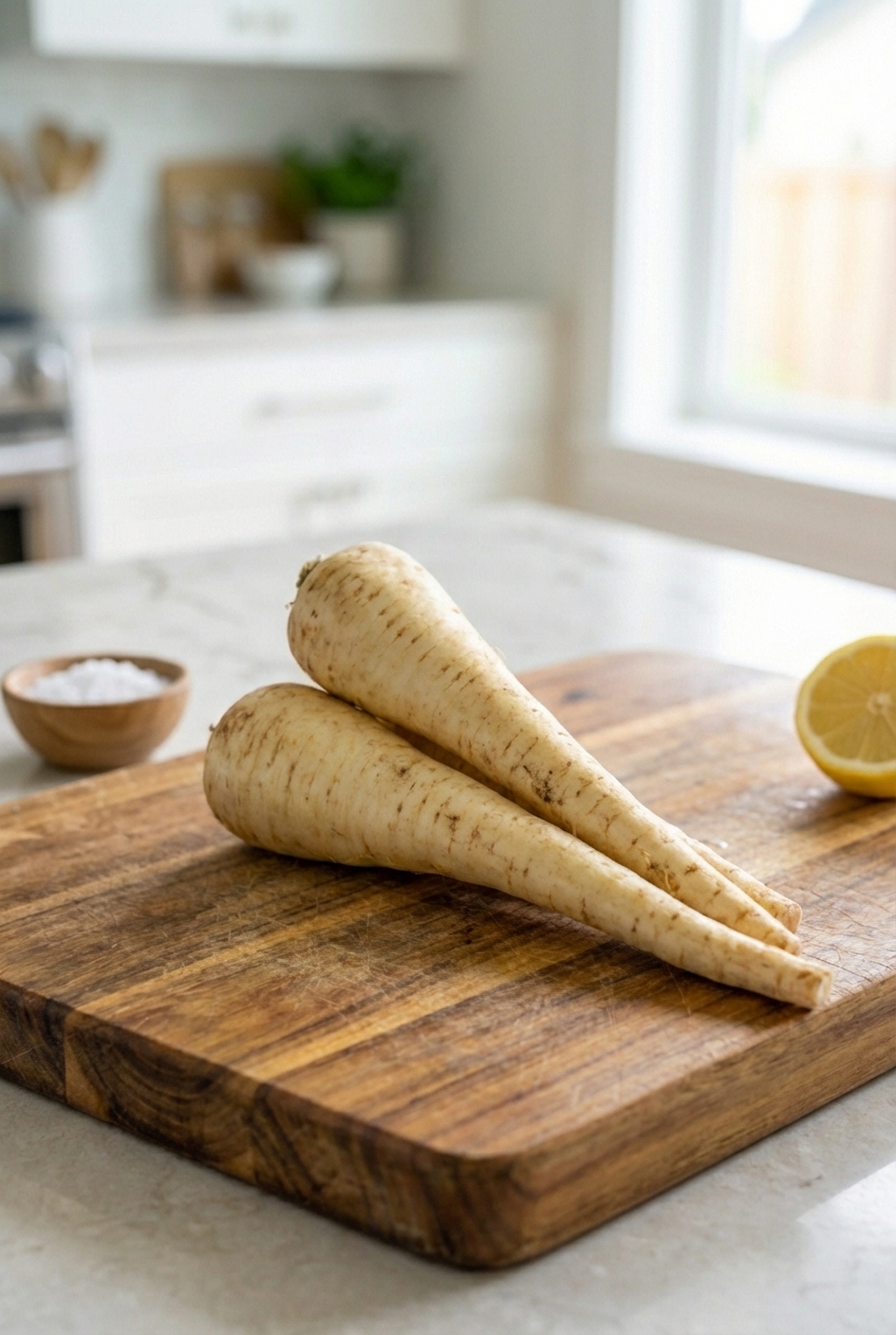 Two parsnips on a wooden cutting board