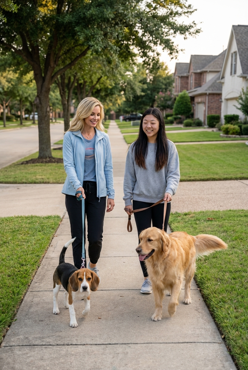 Two people holding leashes while an adult dog and puppy walk parallel on a quiet suburban sidewalk