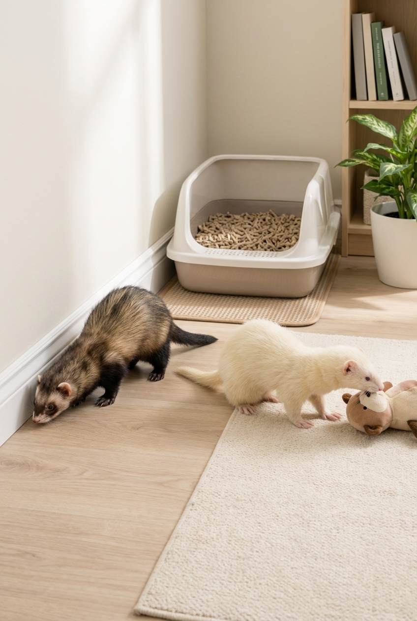 Two pet ferrets exploring a room with a litter box placed in a back corner