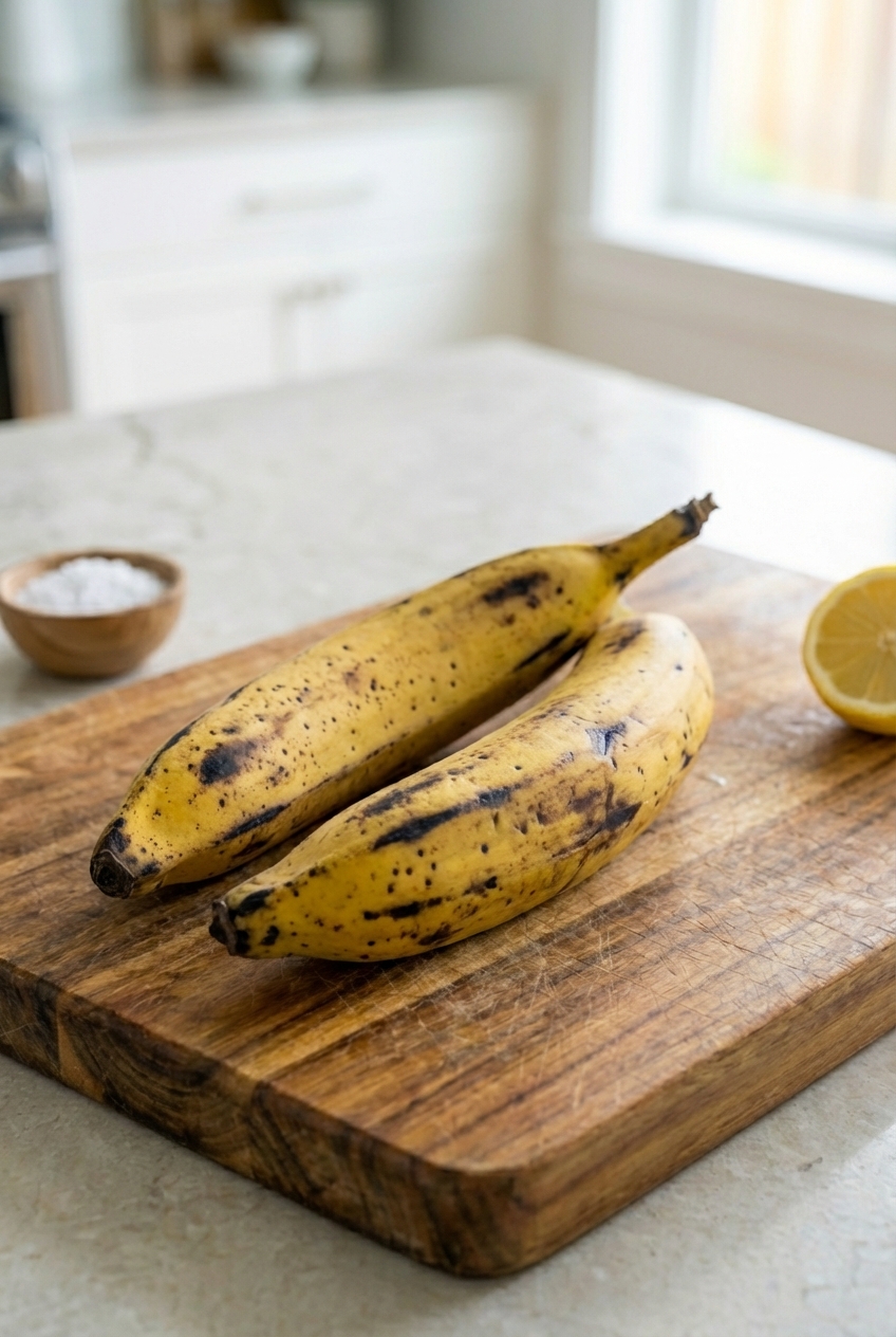 Two ripe plantains with yellow and black skin
