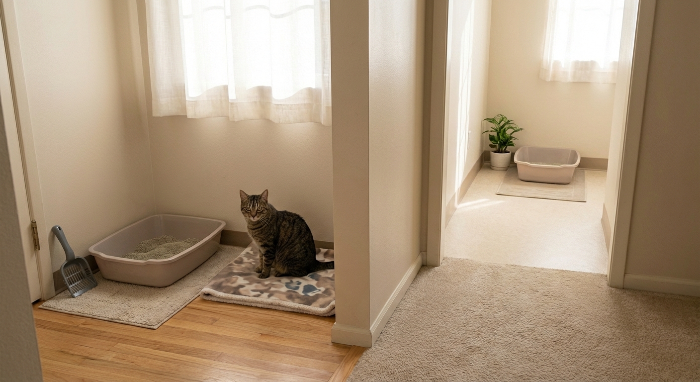 Two separate litter boxes placed in quiet corners of a home with clear walkways