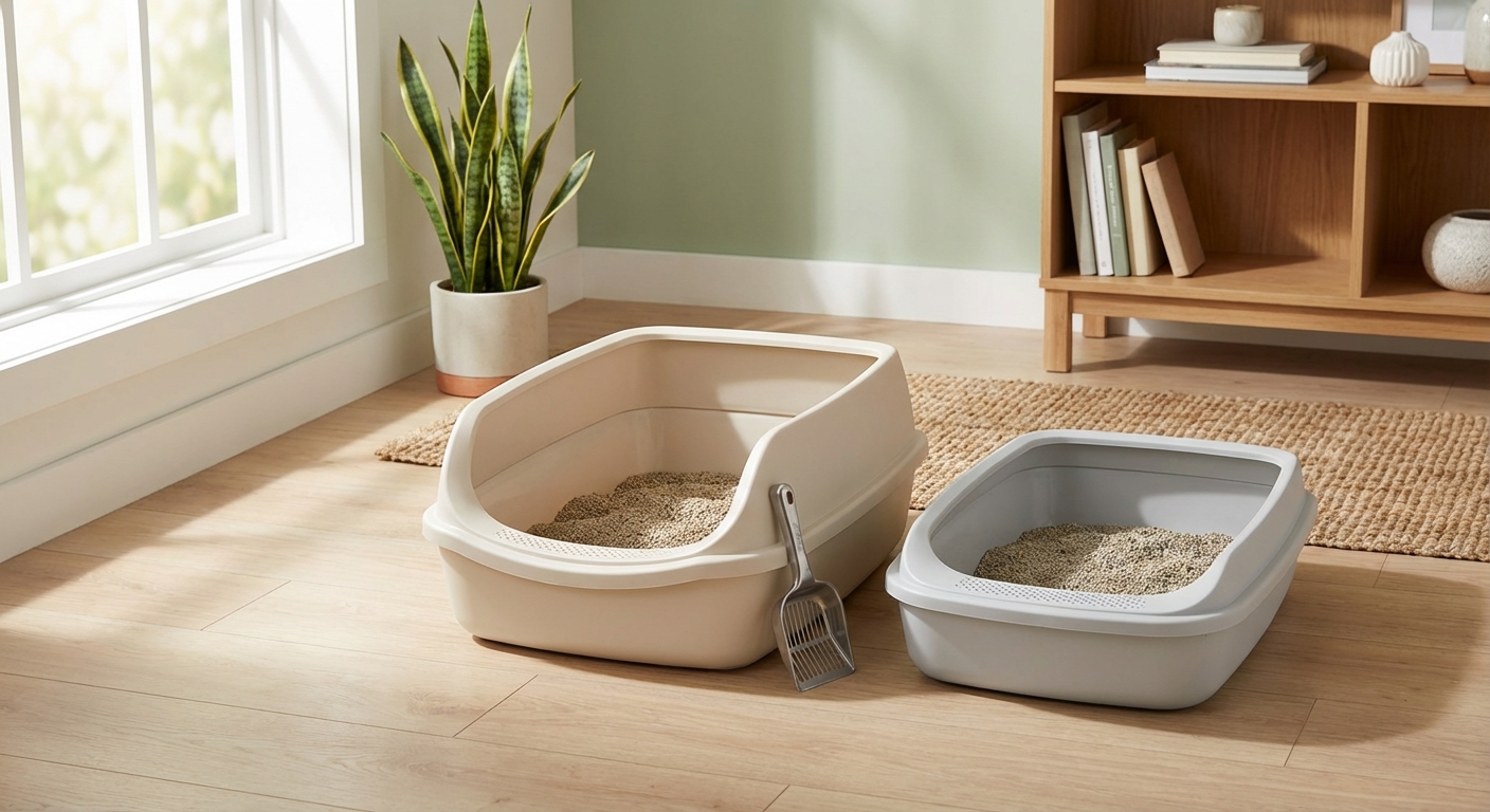 Two uncovered litter boxes in a quiet corner of a home with natural light