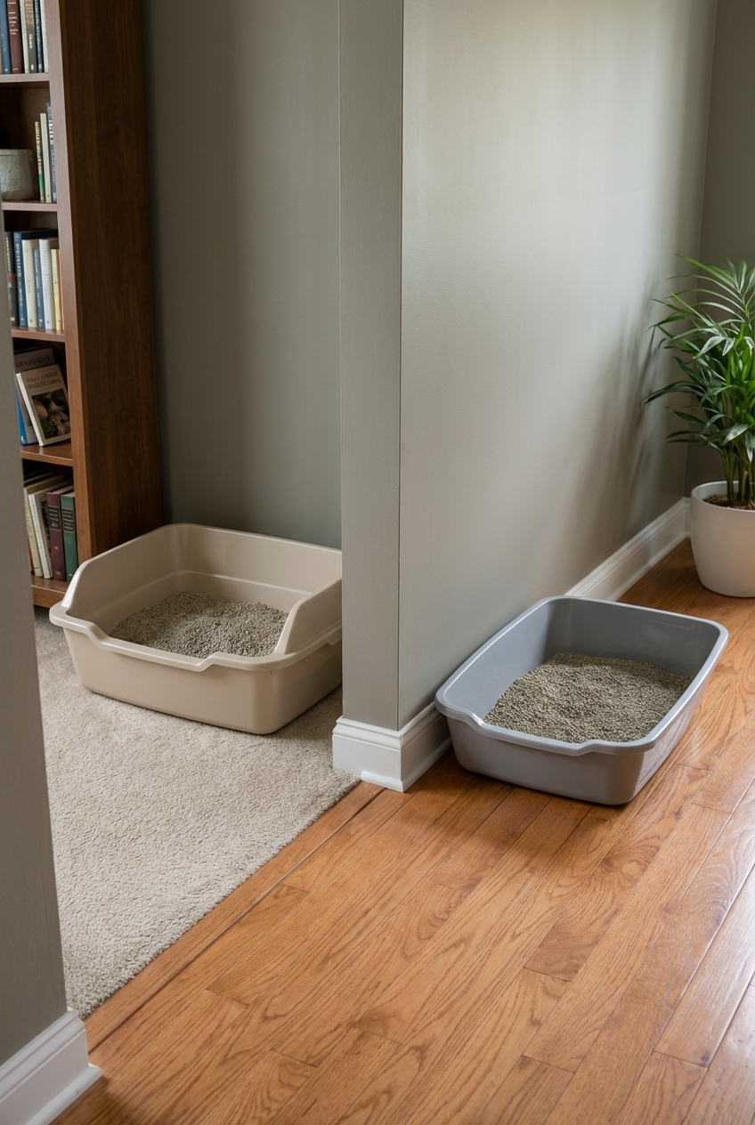 Two uncovered litter boxes placed in separate quiet areas of a home