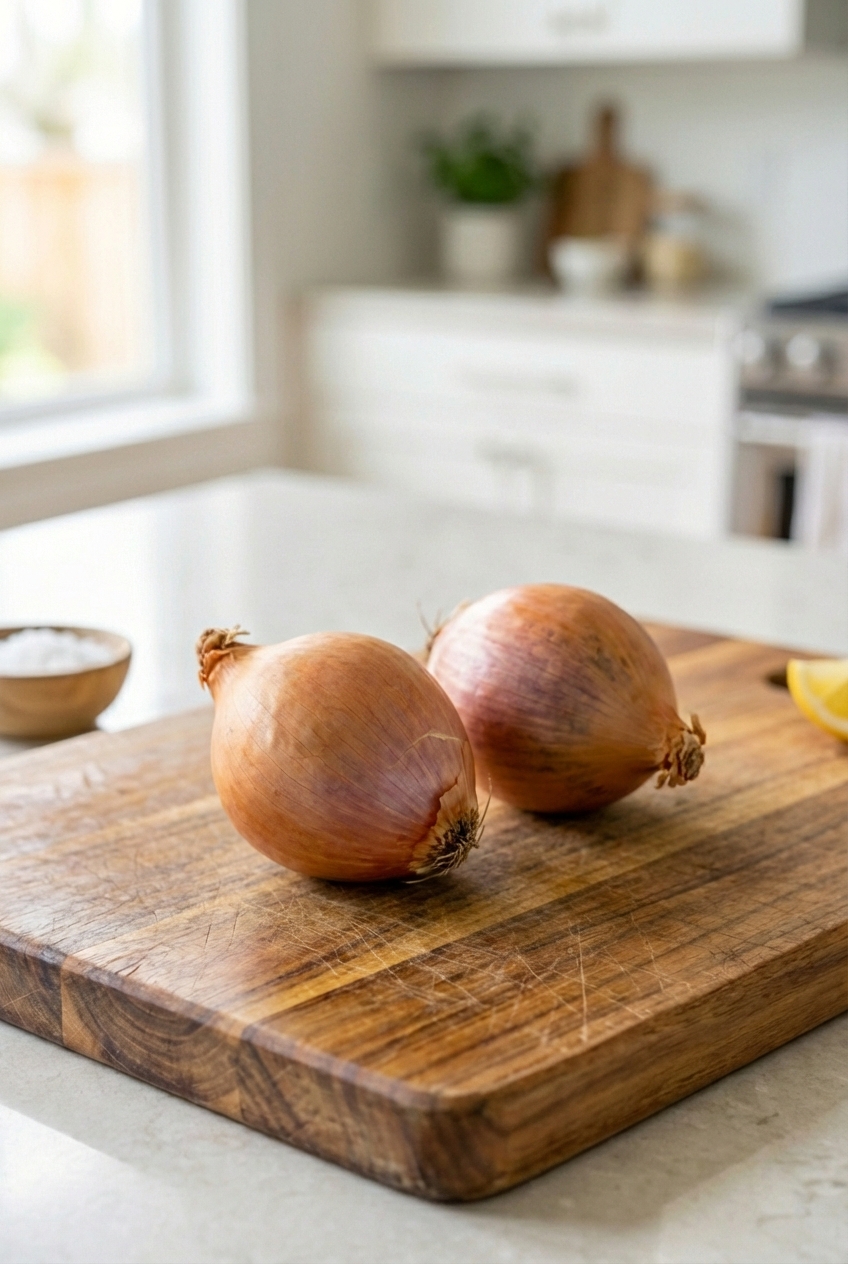 Two whole shallots on a cutting board