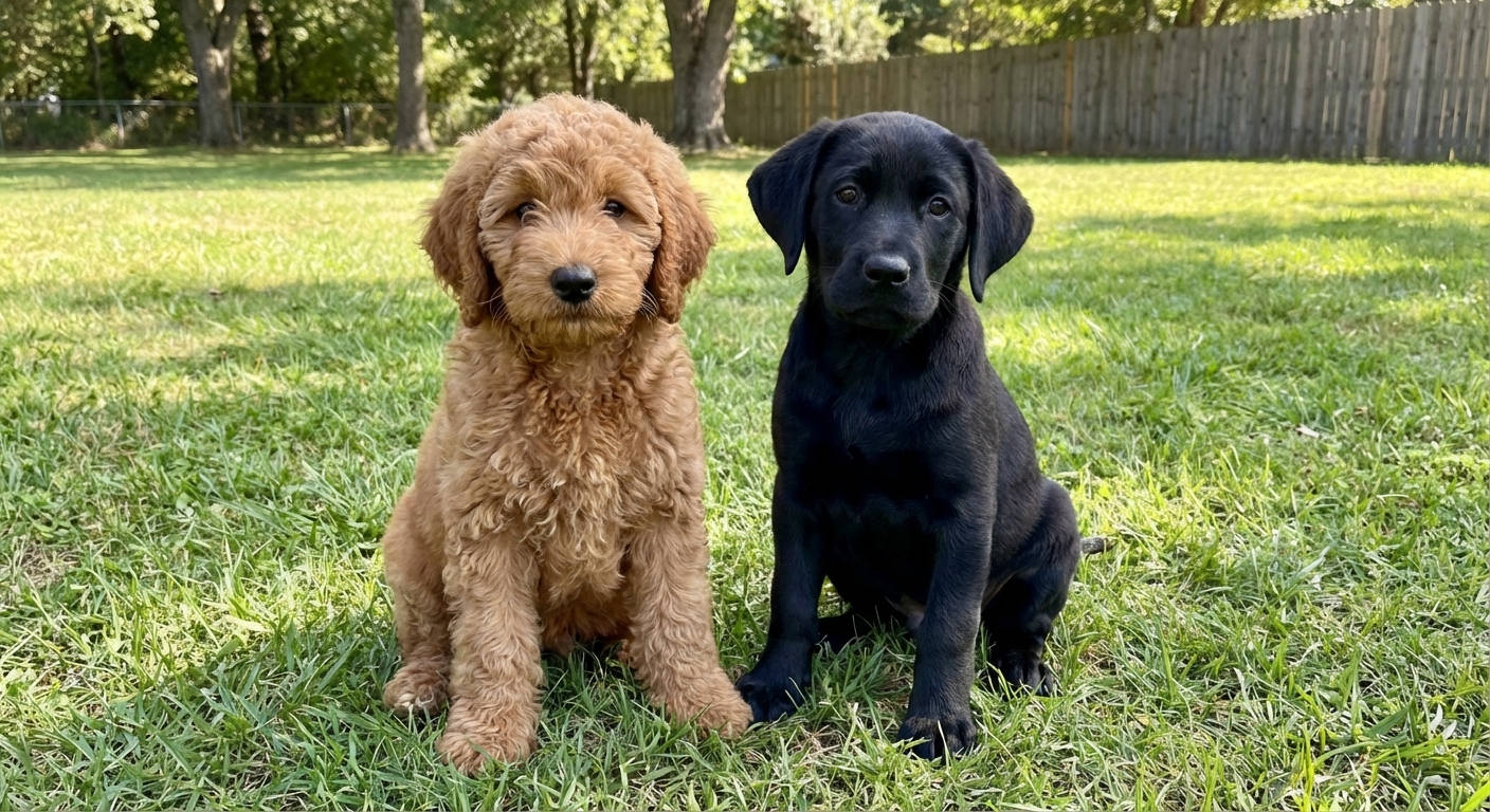 Two young mixed-breed sibling puppies sitting on grass, one with a curly coat and one with a smooth coat, same age, realistic outdoor photo
