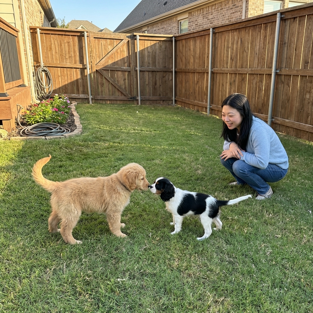 Two young puppies calmly sniffing each other in a fenced backyard with an adult supervising