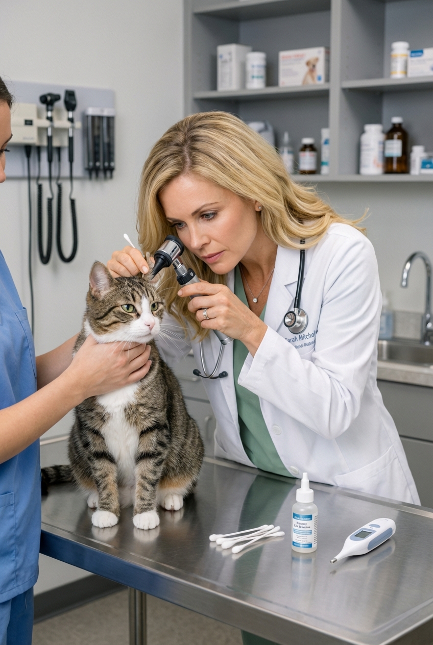 Veterinarian examining a cat's ear with an otoscope in a clinic