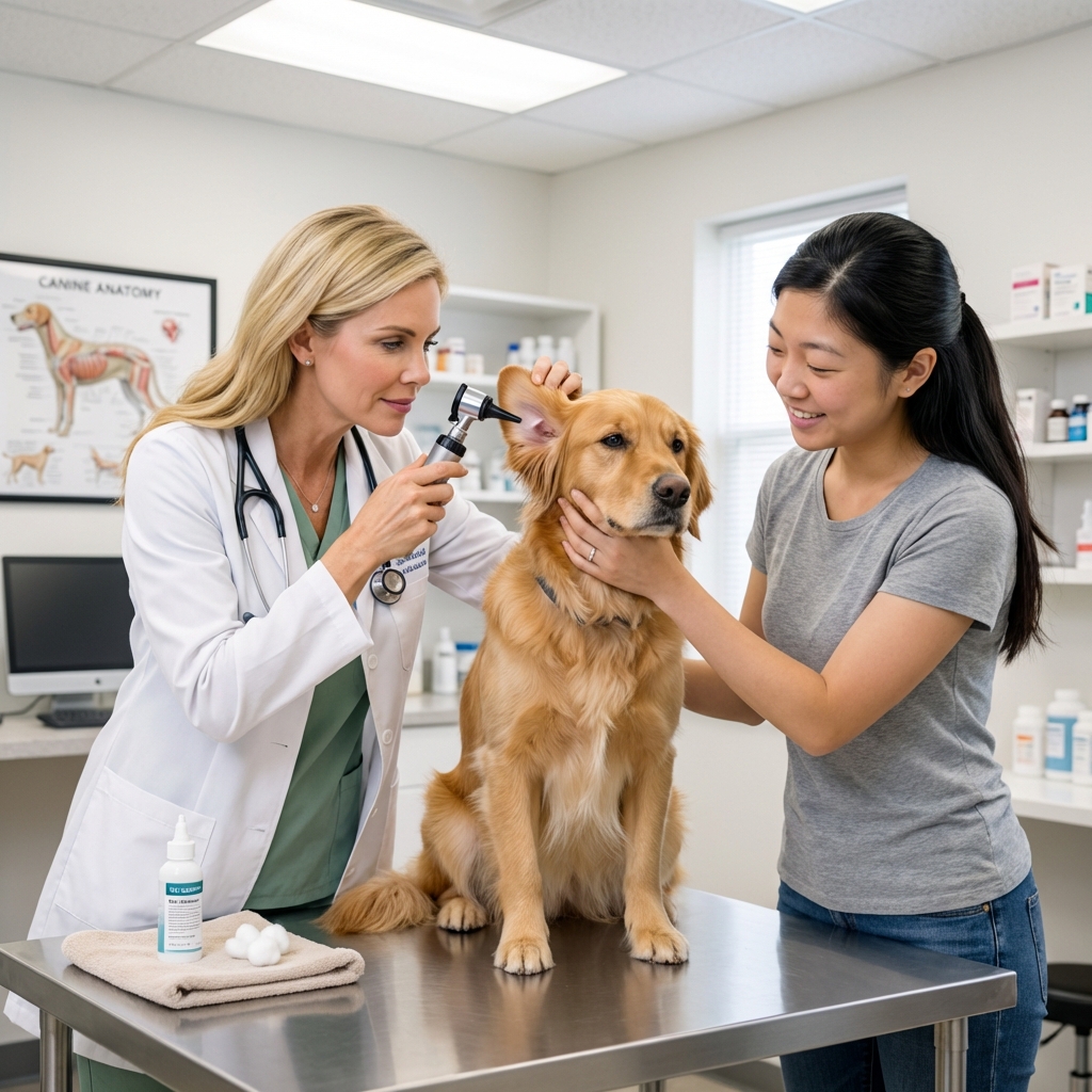 Veterinarian examining a dog’s ear while the owner gently holds the dog in a clinic exam room