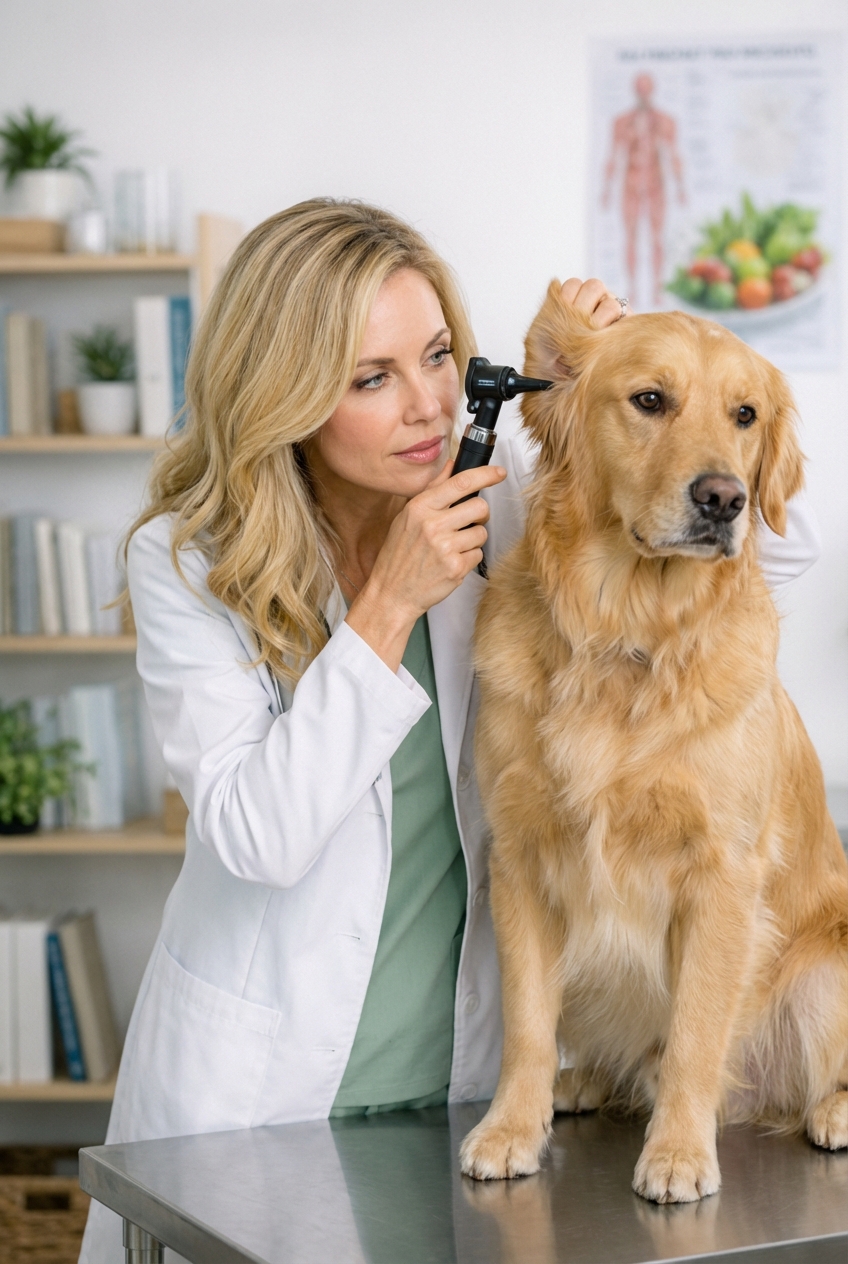 Veterinarian examining a dog's ear with an otoscope in a clinic