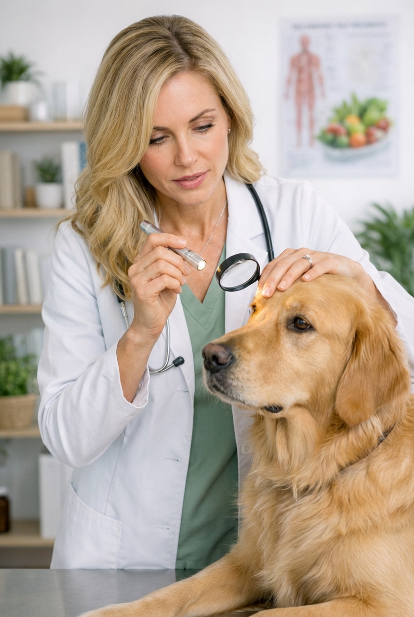 Veterinarian examining a dog’s eye indoors using a small light