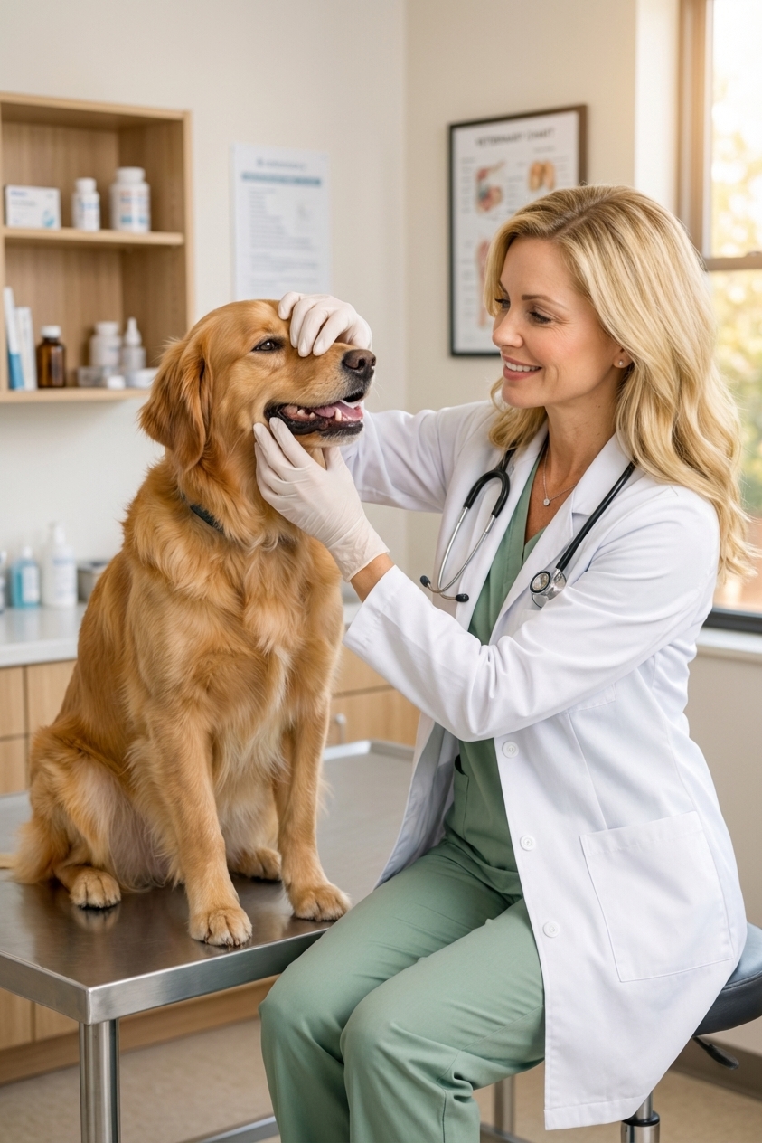 Veterinarian gently examining a dog’s teeth and gums on an exam table